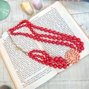 Statement Red Beaded Necklace with Filigree Pendant